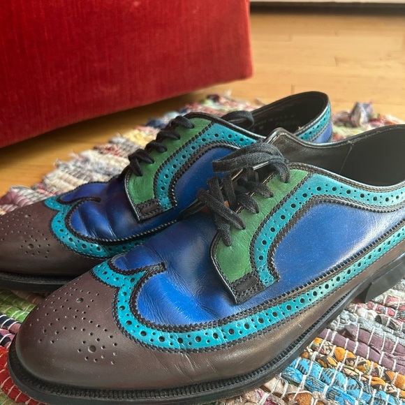 Vintage Men's Blue and Green Leather Oxfords 8M - Picture 2 of 16
